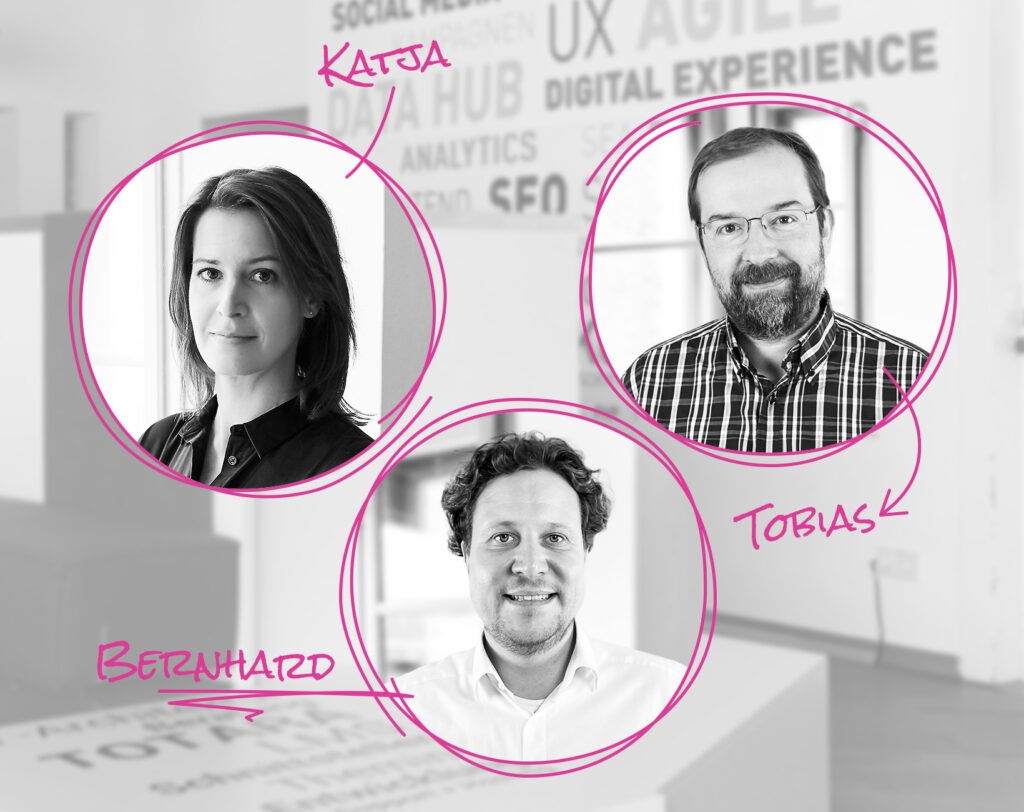 Portraits von Katja, Tobias und Bernhard, unsere Experten für E-Commerce.