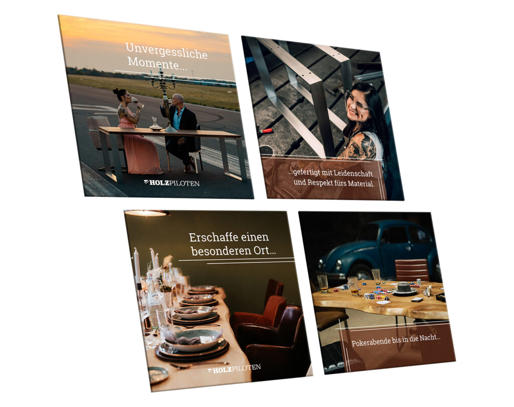 Vier Tafeln mit Posts von Social Media Ads zu Holzpiloten