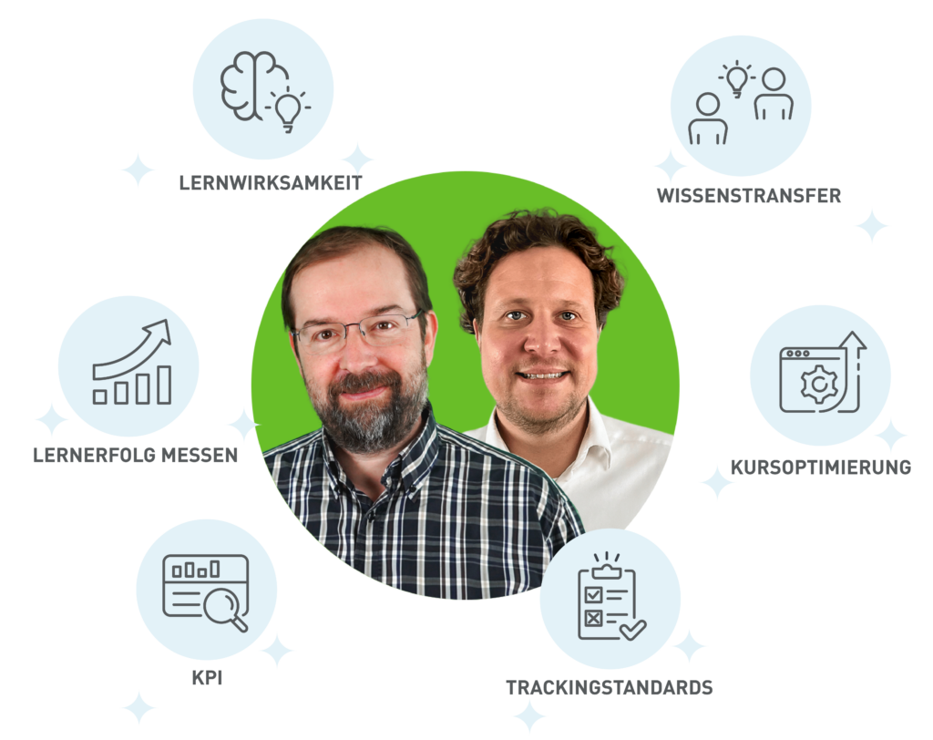 Speakergrafik von Tobias Hauser und Bernhard Aster mit Buzzwords Lernwirksamkeit, Wissenstransfer, Kursoptimierung, Trackingstandards, KPI, Lernerfolg messen