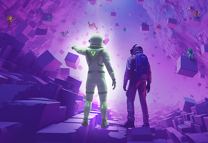 Astronauten umgeben von lila Blöcken im All